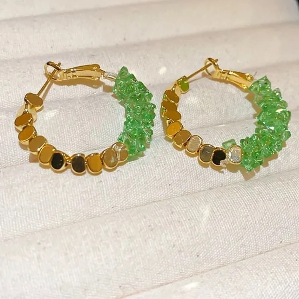 New! Retro Style Copper Crystal Hematite Earrings Green & Gold Huggie